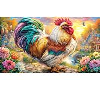 Colorful-Chickens-in-a-Garden-with-Flowers Puzzle 1000 pièces Papier recyclé Idée Cadeau Parfaite Jeu Stimulant pour Relaxation, créativité et Cadeaux pour Adultes 70x50/1000 pièces