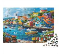Colorful Coastal Village Colourful Small Bird on Branch 1000 Pieces Jigsaw for Adults Beautifully Illustrated Challenging Home Activity 52x38cm/1000pcs