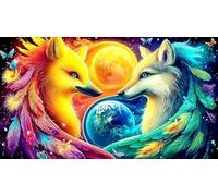 Colorful-Fox-and-Loup-with-Earth-Moon Puzzle pour Adultes: 1000 Pièces en Carton Recyclé pour la Décoration 38x52cm/1000pcs