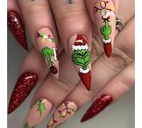 Colorful fruit 24 PCS faux ongles de Noël rouge long faux ongles chapeau de Noël femme presse - ongles (Rouge, C)