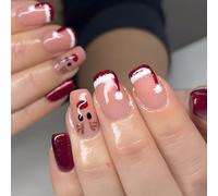 Colorful fruit 24 PCS Noël faux ongles rouge court carré faux ongles Noël flocon de neige Wapiti femme ongles pressés (Rouge, B)