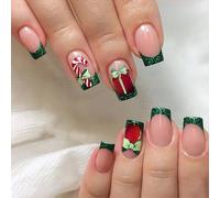 Colorful fruit 24 PCS Noël faux ongles rouge court carré faux ongles Noël flocon de neige Wapiti femme ongles pressés (Rouge, E)