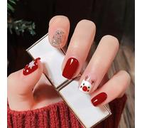 Colorful fruit 24 PCS Noël faux ongles rouge court carré faux ongles Noël flocon de neige Wapiti femme ongles pressés (Rouge, C)