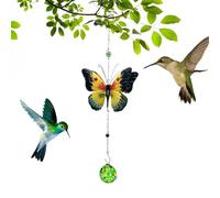 Colorful Glass Butterfly Wind Chime Hummingbird Feeder | Iron Hanging Garden Wildlife Dispenser | Outdoor Decorative Wild Bird Attractor | Patio Backyard Ornament for Bird Watching