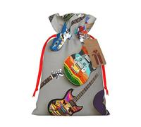 Colorful Guitars 1 sac de Noël imprimé avec cordon de serrage réutilisable pour fête de Noël, emballage cadeau de Noël, ruban rouge, M