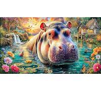 Colorful-Hippo-with-Butterfly-in-Garden 1000 pièces Puzzle Papier recyclé Cadeau Amusant & Activité Maison Jeu éducatif détente Puzzle pour Adultes et Enfants Idée Cadeau Parfaite 38x52/1000 pièces