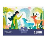 Colorful Illustration of Girl and Deer 1000 Pièces Carton Extra-épais Coffret De Puzzles Animal and Girl Stimulant Et Éducatif Défi Unique Puzzles pour Adultes Et Enfants 70x50cm/1000pcs