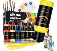 Colorful Kit de peinture permanente pour verres à vin, bouteilles et fenêtres avec 6 pinceaux, 1 palette et 1 éponge, 14 couleurs imperméables et permanentes