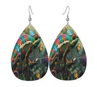 Colorful Lizards Playing Boucles d'oreilles en cuir en forme de larme pour femme - Boucles d'oreilles pendantes légères en PVC avec crochets en argent 925, imprimés double face | Cadeau