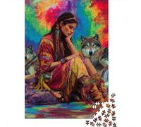 Colorful Native American Woman with Wolves Puzzles 1000 Pieces Cadeau Unique Jeu Éducatif Challenge Toy À De Qualité Supérieure Peinture Art pour Adultes Enfants 52x38cm/1000pcs