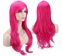 Colorful panda 28 pouces 70 cm Rose Rouge Longs Bou s Ondulées Cosplay Perruques pour Femmes et Filles, Perruque de Cheveux Synthétiques Résistant à la Chaleur pour Fête Halloween Costume