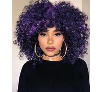 Colorful panda Perruques afro bouclées pour femme - Cheveux synthétiques naturels - Perruque afro crépue bouclée pour costume ou usage quotidien (noir mélangé violet)