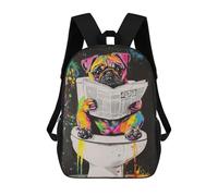 Colorful Pug Reading Newspaper on Toilet-1 Sacs À Dos Imprimés En 3D Pour Enfants 17inch Sacs À Dos Tendance Et Décontractés Pour La Journée, Sacs De Voyage, Sacs À Dos D'extérieur Pour Garçons Et Fil