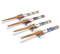 Colorful Series AsiATICA Lot de 4 paires de baguettes traditionnelles japonaises et bleues en bois avec plateaux en céramique, pour sushis et plats asiatiques (Blue Waves)