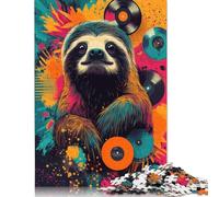 Colorful Sloth with Vinyl Records Happy Sloth Vibes Puzzles 1000 Pieces Cadeau Unique Jeu Éducatif Challenge Toy À De Qualité Supérieure Peinture Art pour Adultes Et Enfants À Partir De 12 Ans 1000p