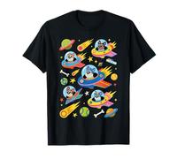 Colorful Space Dogs Flying UFOs with Balls and Bones Art T-Shirt