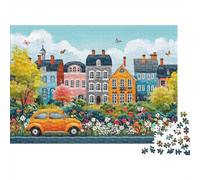 Colorful Village Scene 100% Recycled Cardboard Town with Yellow Car Art 1000 Piece Puzzle for Adults The Impossible Challenge Fun Present 38x26cm/1000pcs