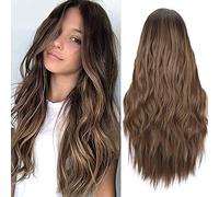 Colorfulpanda Longue perruque brune synthétique naturelle,perruque ondulée bouclée avec partie centrale pleine de perruques pour les femmes utilisation quotidienne naturelle,marron blond