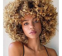 ColorfulPanda Perruque de cheveux bouclés pour femme,Perruque Afro Frisée,Couleur marron et blonde mixte fibre synthétique résistante à la chaleur, perruque courte bouclée noire