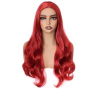 Colorfulpanda - Perruque longue et ondulée rouge pour femme et fille, cheveux naturels bouclés résistants à la chaleur, synthétique, coupe au milieu, perruque complète pour costume d'Halloween