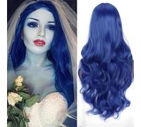 Colorfulpanda Perruque longue ondulée bleue pour femme et accessoires de cosplay d'Halloween, perruque de mariée bleue pour costume de cadavre, cheveux de costume Evie