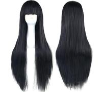 Colorfulpanda Perruques longues noires pour femmes, perruque naturelle à cheveux lisses avec frange pour costume de Mercredi Addams tressé/perruque cosplay pour fête d'Halloween, anime