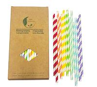 Coloris Rayée Pailles en Papier pour Fêtes, [Pack de 100] Fête Pailles 7 Couleurs Coloré pour Mariage, Bricolage, 100% Biodégradables, Compostables, Sans Plastique