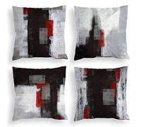 COLORPAPA Lot de 4 Housses de Coussin décoratives Rouges et Noires - 45,7 x 45,7 cm - Art Abstrait Gris - pour canapé, Chambre à Coucher, Salon