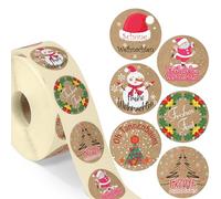 colortouch Lot de 500 autocollants de Noël - Aspect papier kraft - Joyeux Noël - Rouleau rond de 35 mm - Vintage - Pour sacs cadeaux, emballage