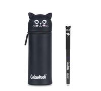 Colourbook Gommy Pets Trousse à crayons 2 en 1, silicone souple, porte-stylo de table, stylo effaçable bleu inclus (Black Cat)