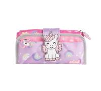 Colourbook Trousse à rabat licorne rose et lilas, trousse ovale pour école fille avec séparateur intérieur et élastiques, tire-cordon moulés, paillettes et arc-en-ciel, 22,5 x 11 x 5 cm