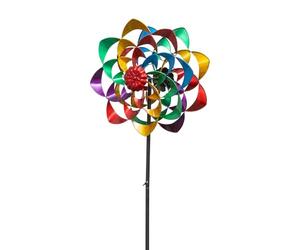Colours in Motion Girouette Métal Fleur Double Arc-en-Ciel - Moulin à Vent Cinétique de Jardin - Double Rotor Multicolore sur Pic - Ø 36 cm x H 122 cm