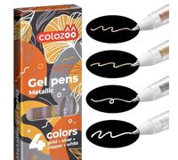 colozoo Ensemble de 4 Stylos Gel Métalliques 0.8mm | Esthétiques pour Papier Noir et Coloré | Stylo à Bille à Séchage Rapide pour Dessin Inc. Couleurs Or, Argent, Cuivre & Blanc