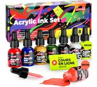Colozoo Lot de 8 encres acryliques 20 ml, permanentes et résistantes à l'eau, 6 couleurs primaires + 2 néon, encre acrylique fluide pour aérographe, art de coulage et toutes surfaces