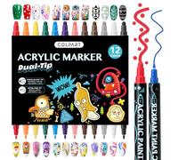 colpart Lot de 12 marqueurs de peinture acrylique à double pointe pour peinture sur roche, bois, toile, plastique, métal et pierre, marqueurs de points acryliques pour loisirs créatifs et fournitures