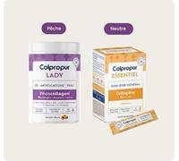 COLPROPUR Essentiel + Lady | Collagène Poudre Sticks Voyage + Spécial Ménopause | 25 Jours + 20 Sticks | Os, Articulations & Peau | Collagène Hydrolysé + Vitamine C | Saveur Pêche + Neutre | Sans OGM