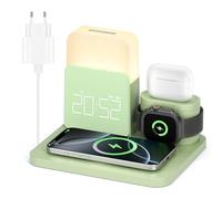 COLSUR Chargeur Induction 7 en 1 pour Apple,Station de Charge avec Réveil | Station De Charge pour Apple Watch iPhone AirPods, Chargeur sans fil 17/16/15/14 avec Lampe de Nuit et Réveil-Vert