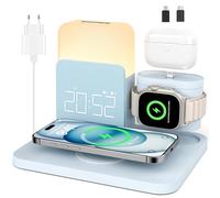 COLSUR Chargeur Induction 7 en 1 pour Apple,Station de Charge avec Réveil | Station De Charge pour Apple Watch iPhone AirPods, Chargeur sans fil 17/16/15/14 avec Lampe de Nuit et Réveil-Bleu