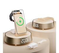 COLSUR Chargeur sans fil pour iPhone pour sam-Sung, station de charge inductive pour Apple Watch avec radio-réveil, haut-parleur Bluetooth, chargeur sans fil pour Air-Pods avec lumière veilleuse, doré