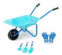 Colwelt Brouette en métal 5 pièces pour enfants avec pelle, râteau, fourchette et gants pour enfants (bleu)