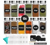 com-four® 12x pots à épices avec accessoires - contrôle des épices en verre 120 ml, accessoires d'arrosage, pinceau, entonnoir, étiquettes, stylo (12 pièces de lunettes avec accessoires)