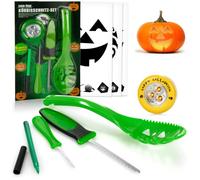COM-FOUR® 14 pièces Set de pour sculpter les citrouilles pour Halloween | Outils de découpe pour évider les citrouilles - couteau - cuillère - stylo - pochoirs et lumière LED