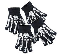 com-four® 2 paires de gants squelette sans doigts - accessoires de costume tricotés avec motif osseux pour Halloween, Día de Muertos, Cosplay (2 paires - mitaines pour adulte)