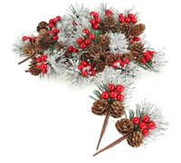 com-four® 20x Branches décoratives avec cônes de mélèze, Baies Rouges et Aiguilles d'arbre - Paillettes de Noël - Branches décoratives pour couronnes (6 pièces - Damier Rouge)