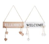 COM-FOUR® 2x accroche-porte "Willkommen" et "Welcome" avec coeurs suspendus - panneaux de porte en bois à accrocher - cintres pour le printemps, Pâques et l'été - panneau décoratif (02 pièces - blanc)