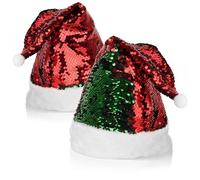 com-four® 2x Bonnet de Père Noël à Paillettes réversibles - Bonnet de Noël Rouge-Vert - Bonnet de Père Noël avec Pompon - Bonnet Brillant avec Bord en Peluche (02 pièces - paillettes réversibles)