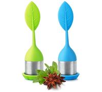 COM-FOUR® 2x boule à thé en inox & silicone - infuseur avec couvercle & sous-verre - passoire à maille fine pour amateurs de thé (2 pièces - Leaf2 vert/bleu)