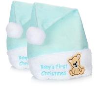 com-four® 2X Chapeau de Noël en Rose - Inscription du 1er Noël de bébé - Chapeau de Père Noël avec Motif Ourson - Chapeau Pom Pom pour Noël (02 pièces - Bleu)