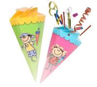 com-four® 2X cônes Scolaires 30cm - cônes Scolaires pour frères et sœurs en Carton - cône de Bonbons Pliable pour la rentrée Scolaire - Emballage Cadeau (2 Vert-Jaune/Rouge-Bleu)