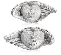 com-four® 2X décoration funéraire cœur avec Inscription sur Ailes - Ornement de cimetière résistant aux intempéries - Pierre commémorative en Forme de cœur sur Ailes d’Ange (2 pièces - cœur/Aile)